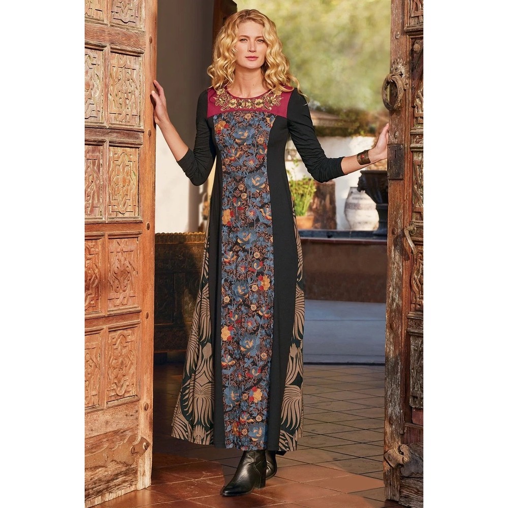 Soft Surroundings Artful Reverie Maxi Dress Women XL Black Boho Embroidered